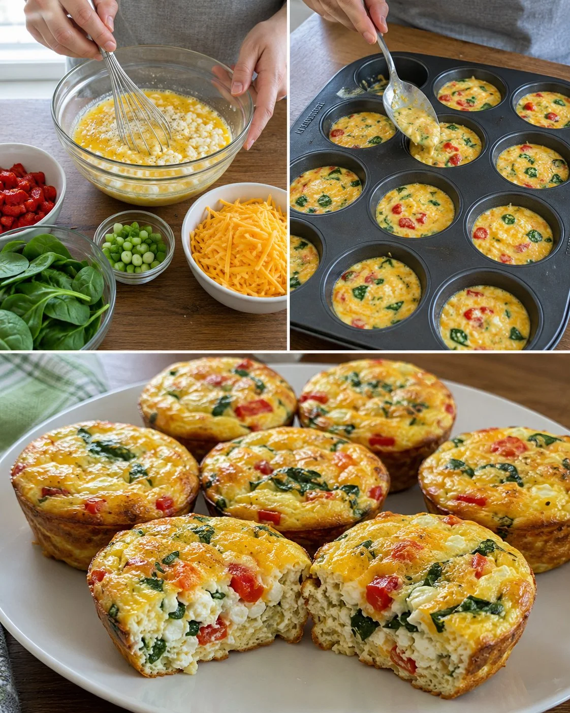 Delicious roasted pepper cottage cheese egg cups served on a wooden table