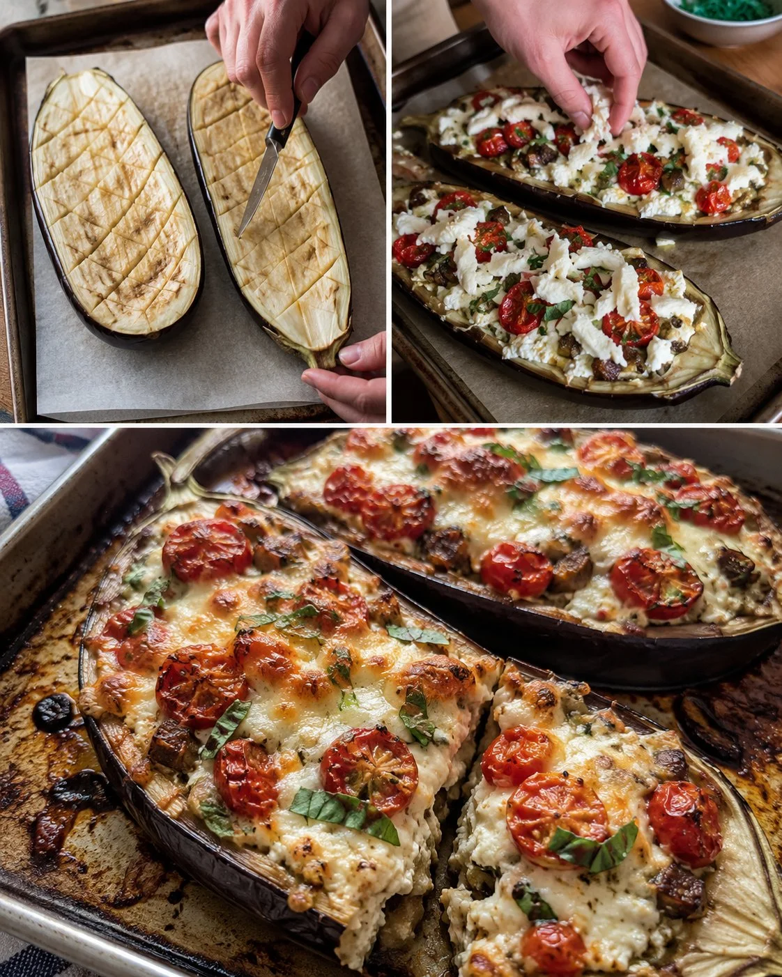 Roasted tomato ricotta eggplant boats with melted cheese in a dish
