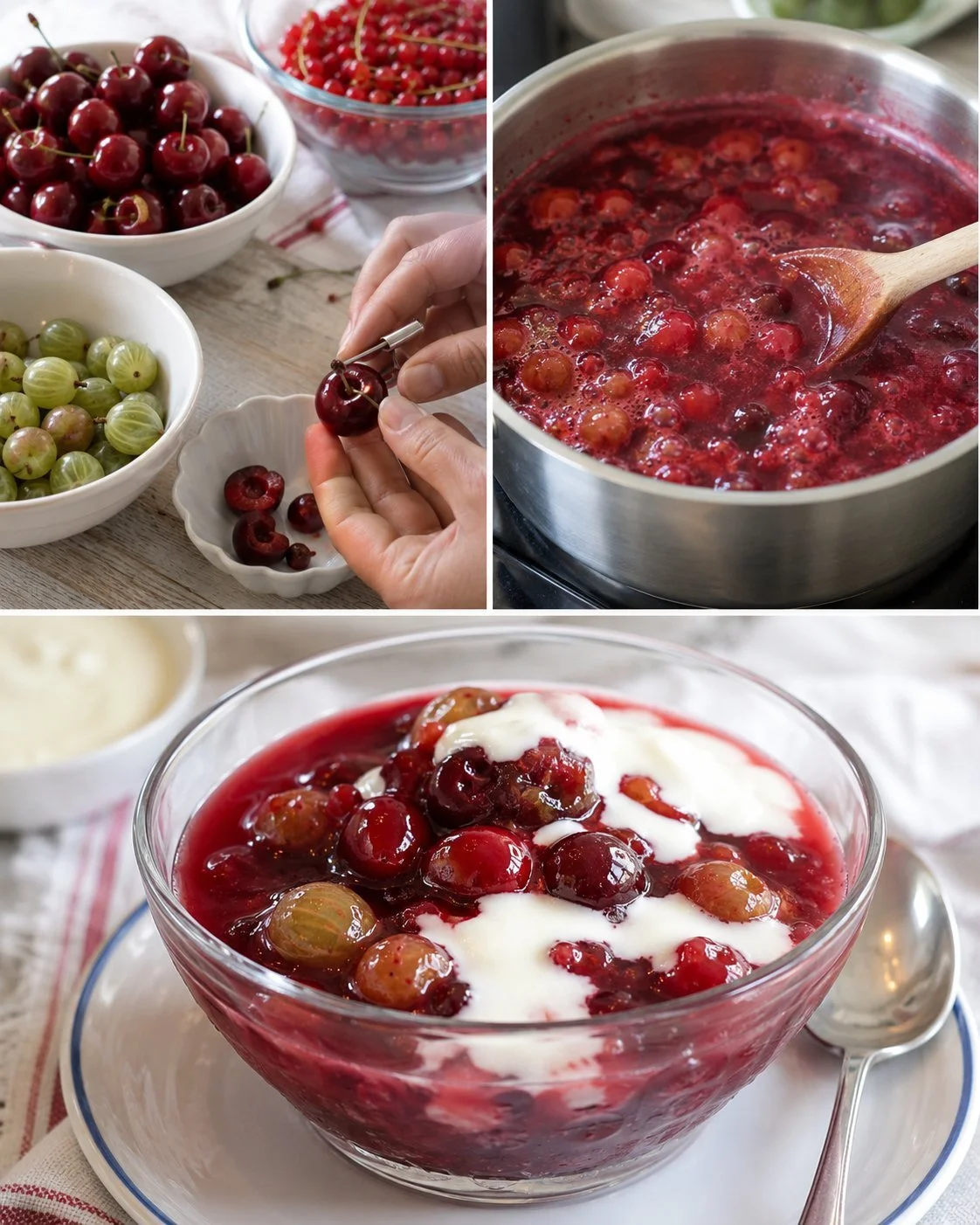 Delicious bowl of Rote Grütze topped with cream, a traditional German dessert.