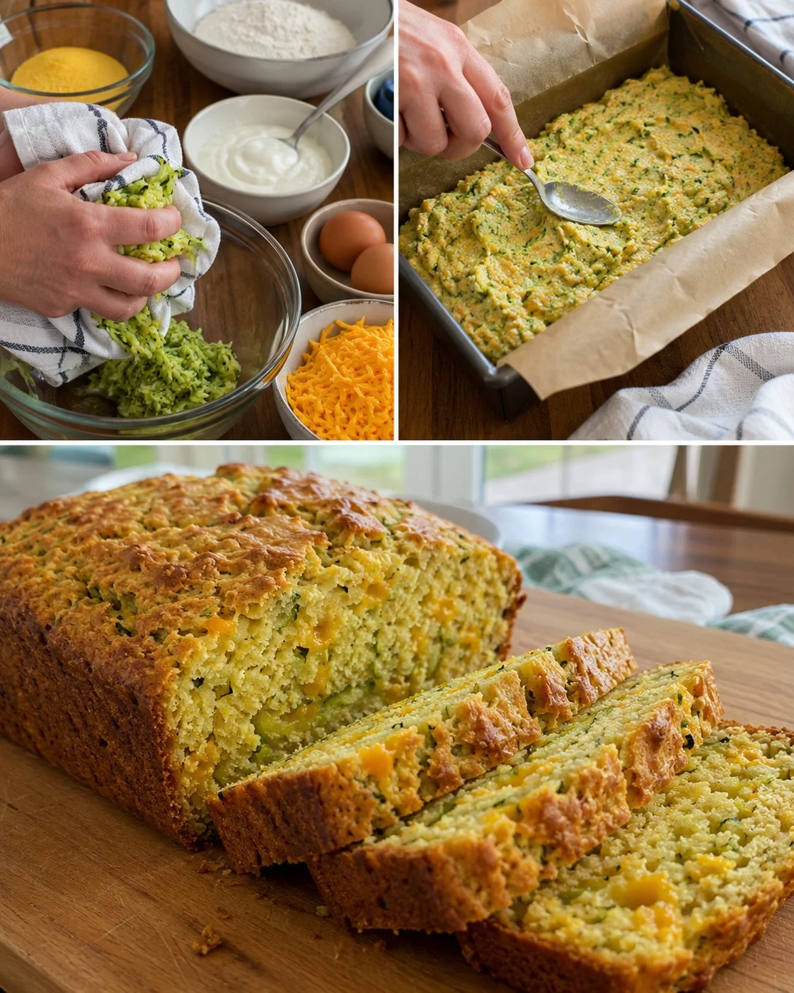 Savory zucchini cheddar cornmeal loaf fresh out of the oven