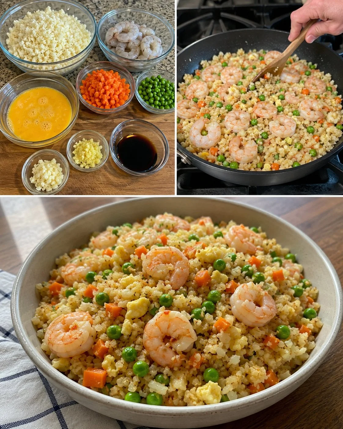 A bowl of shrimp cauliflower fried rice topped with green onions and sesame seeds.