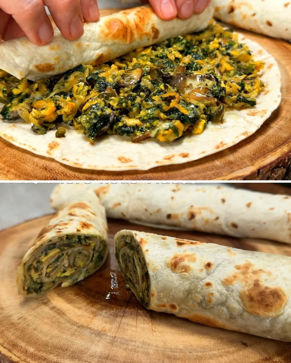 Mushroom-stuffed tortilla filled with fresh ingredients on a wooden table.