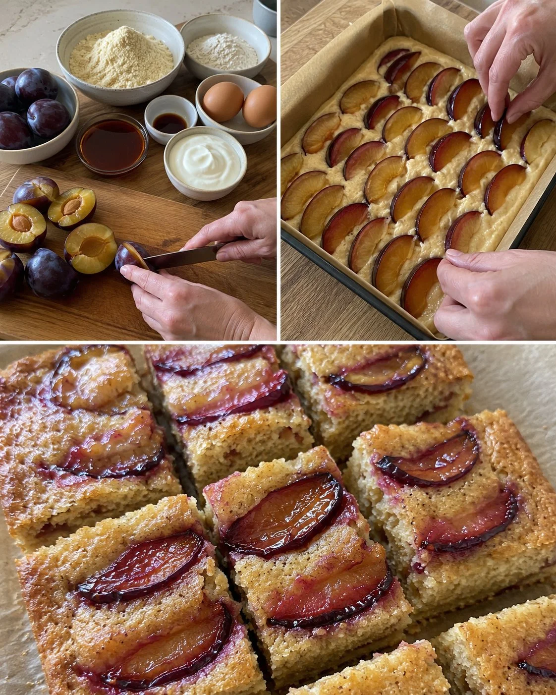 Soft plum almond breakfast squares fresh out of the oven, ideal for a nutritious start.