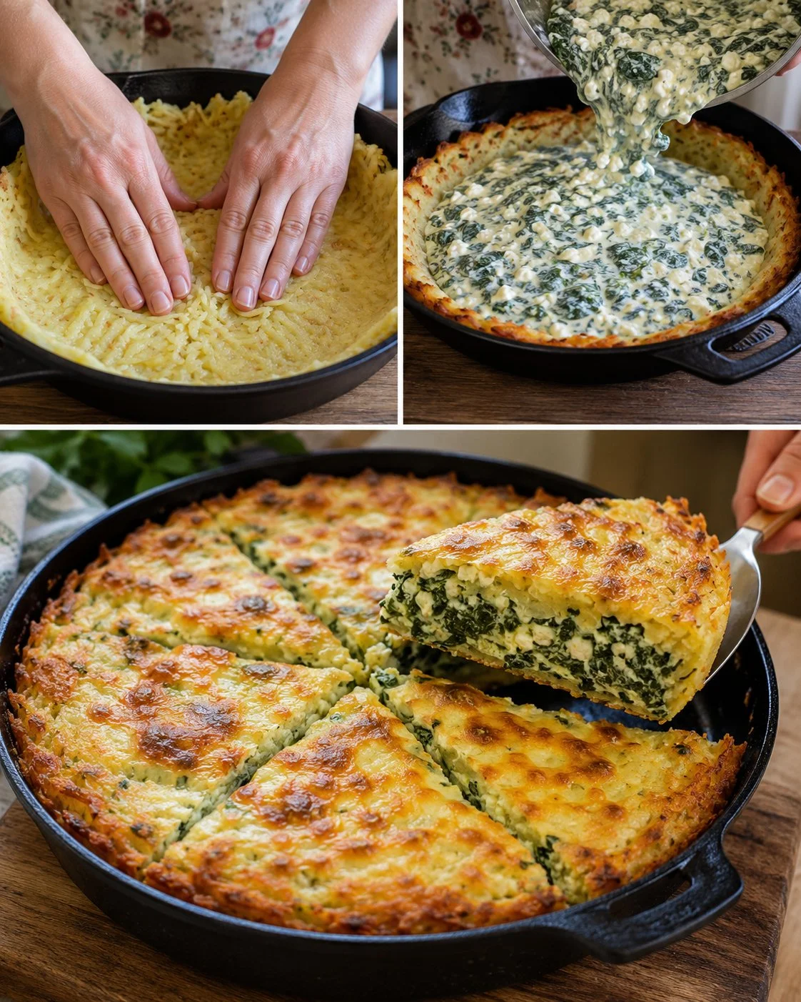 Spinach and Cheese Pie with a golden potato crust served on a white plate