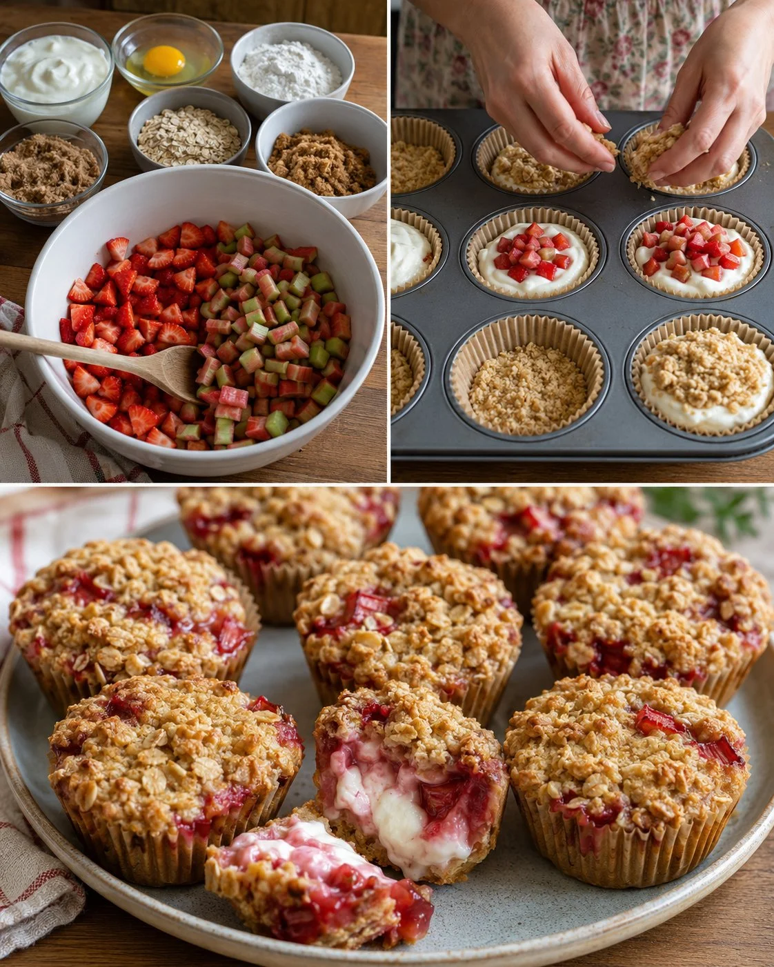Strawberry Rhubarb Yogurt Crumble Cups served in elegant glasses
