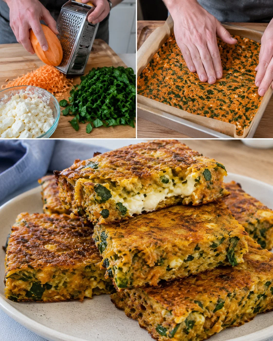 Sweet potato spinach squares filled with creamy feta, garnished and ready to serve.