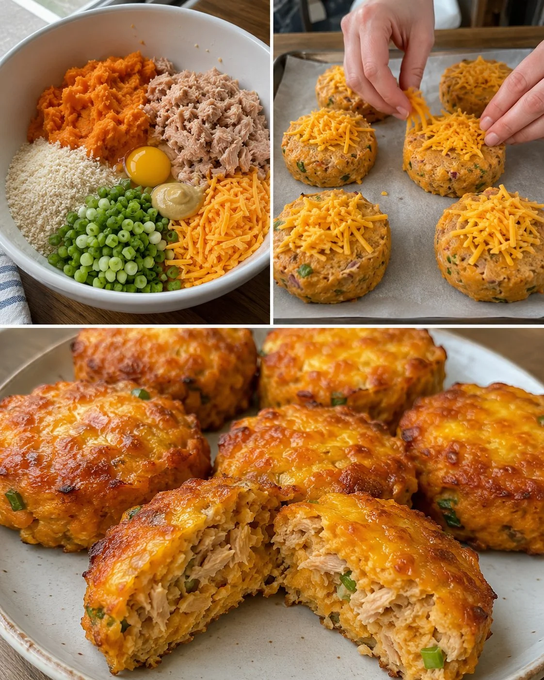 Sweet Potato Tuna Melt Cakes with a golden crispy top, served on a plate.