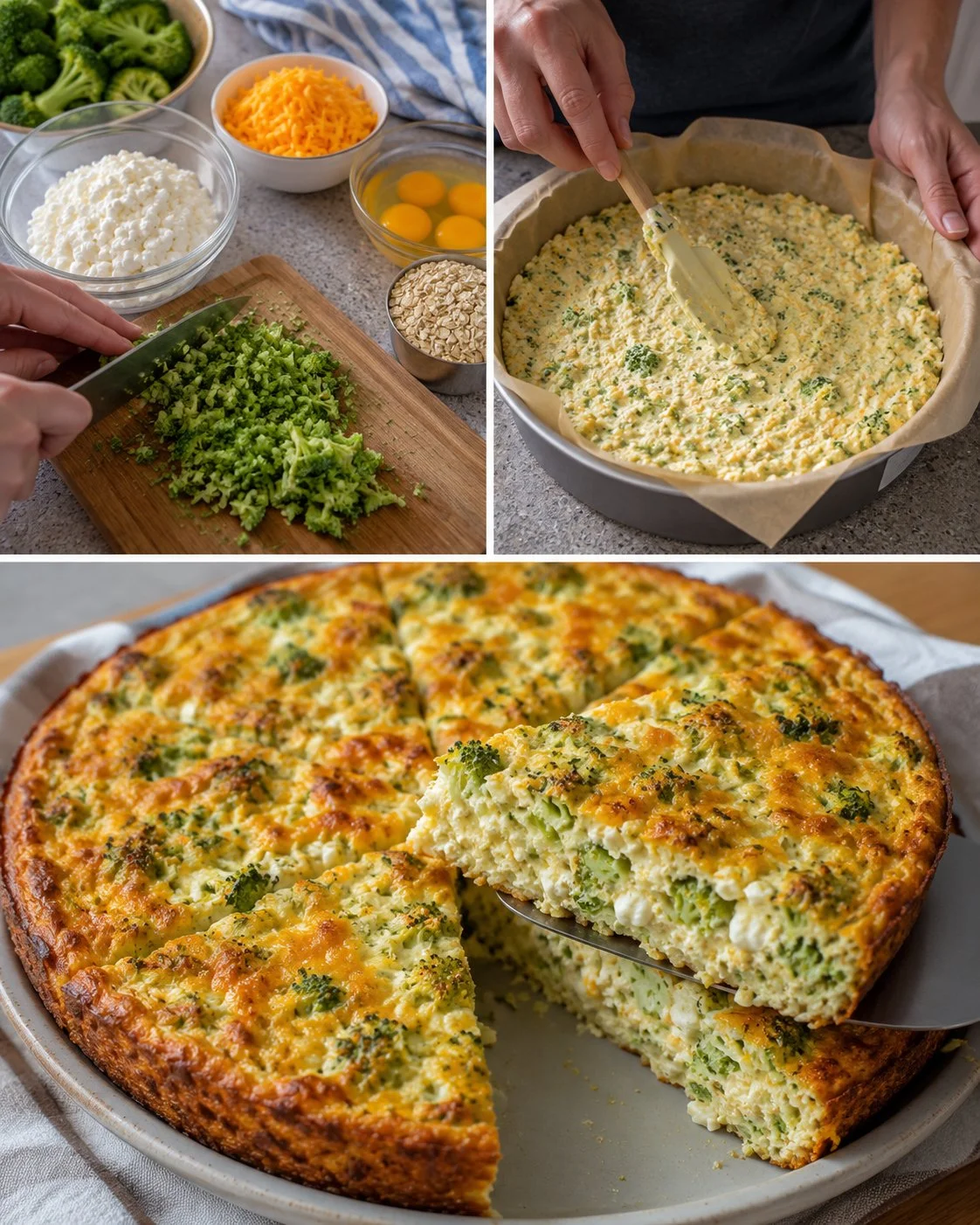 Broccoli cheddar bake with cottage cheese and fresh broccoli in a casserole dish