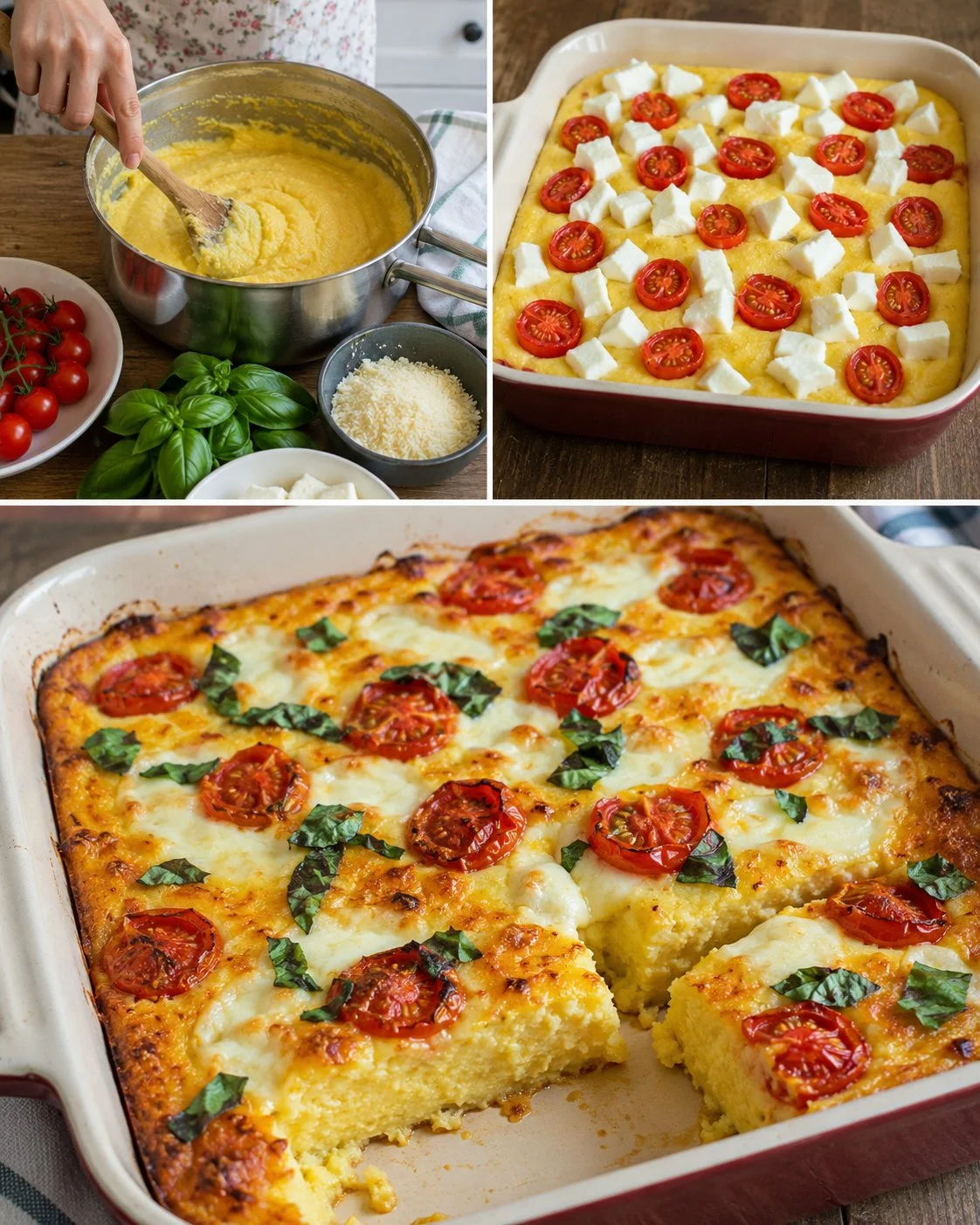 Delicious Tomato Basil Polenta Bake topped with melted mozzarella cheese.