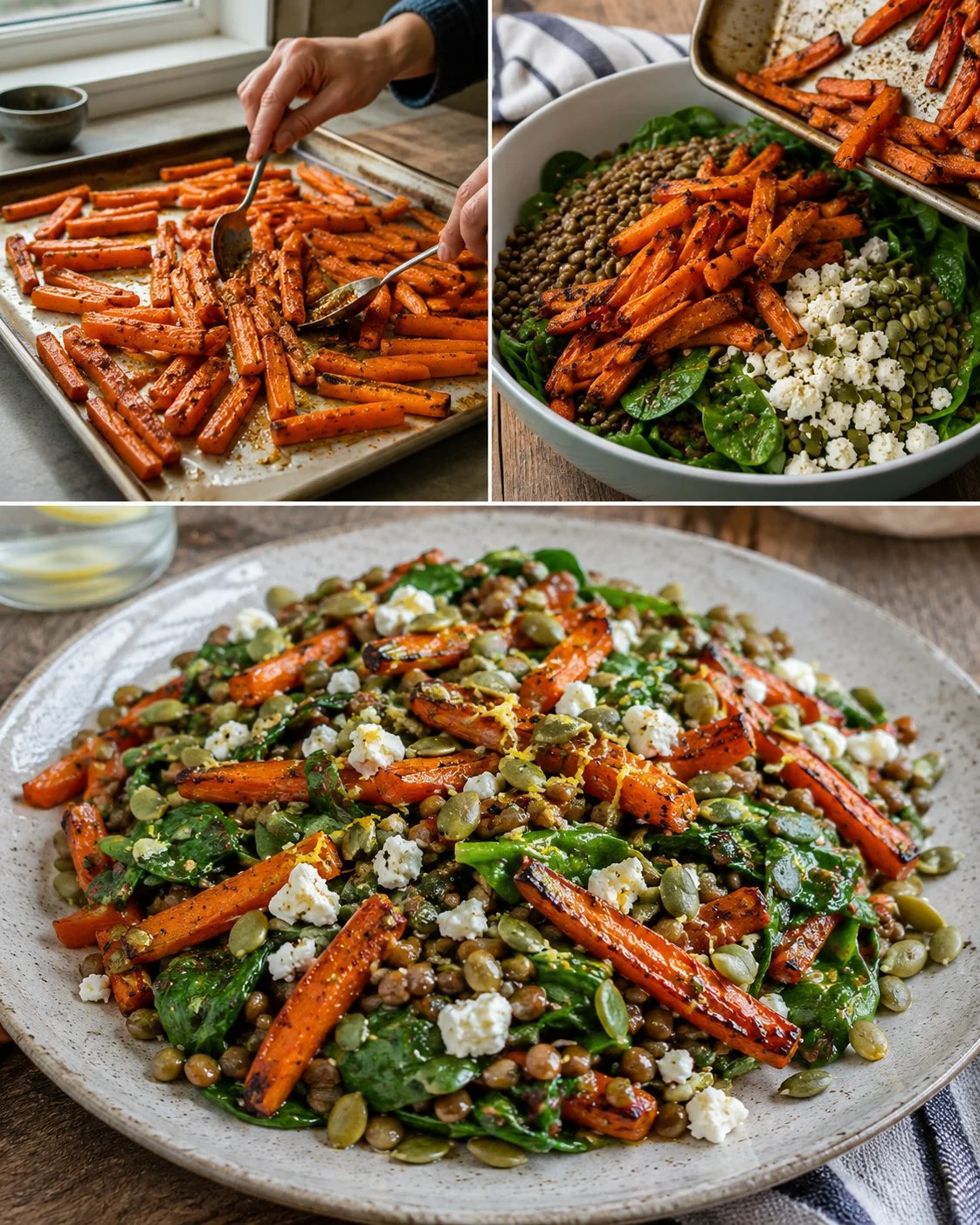 Warm roasted carrot and lentil salad with feta cheese, garnished with herbs