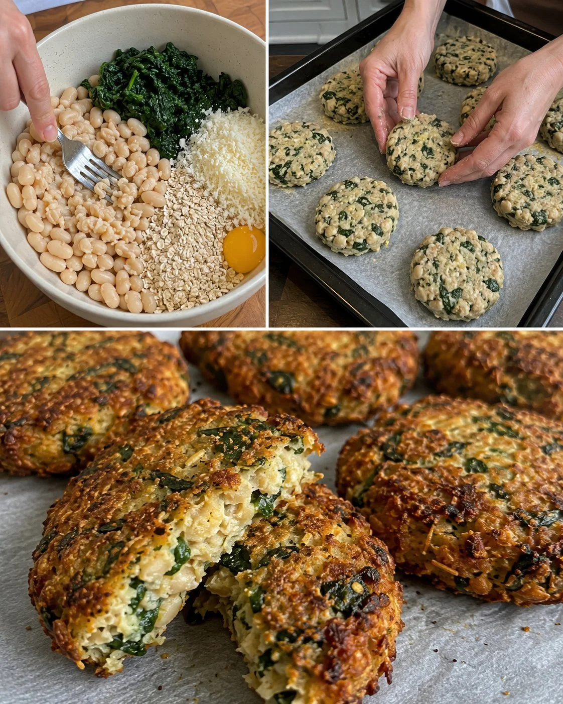 Crispy white bean spinach parmesan patties cooked to perfection.