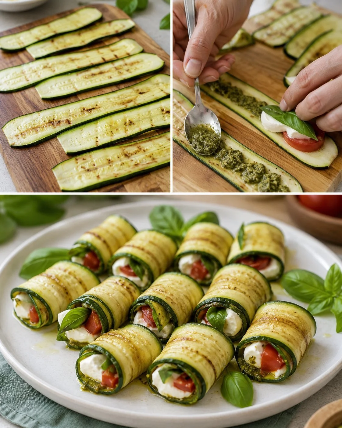 Zucchini Caprese Rolls with fresh basil, mozzarella, and tomatoes