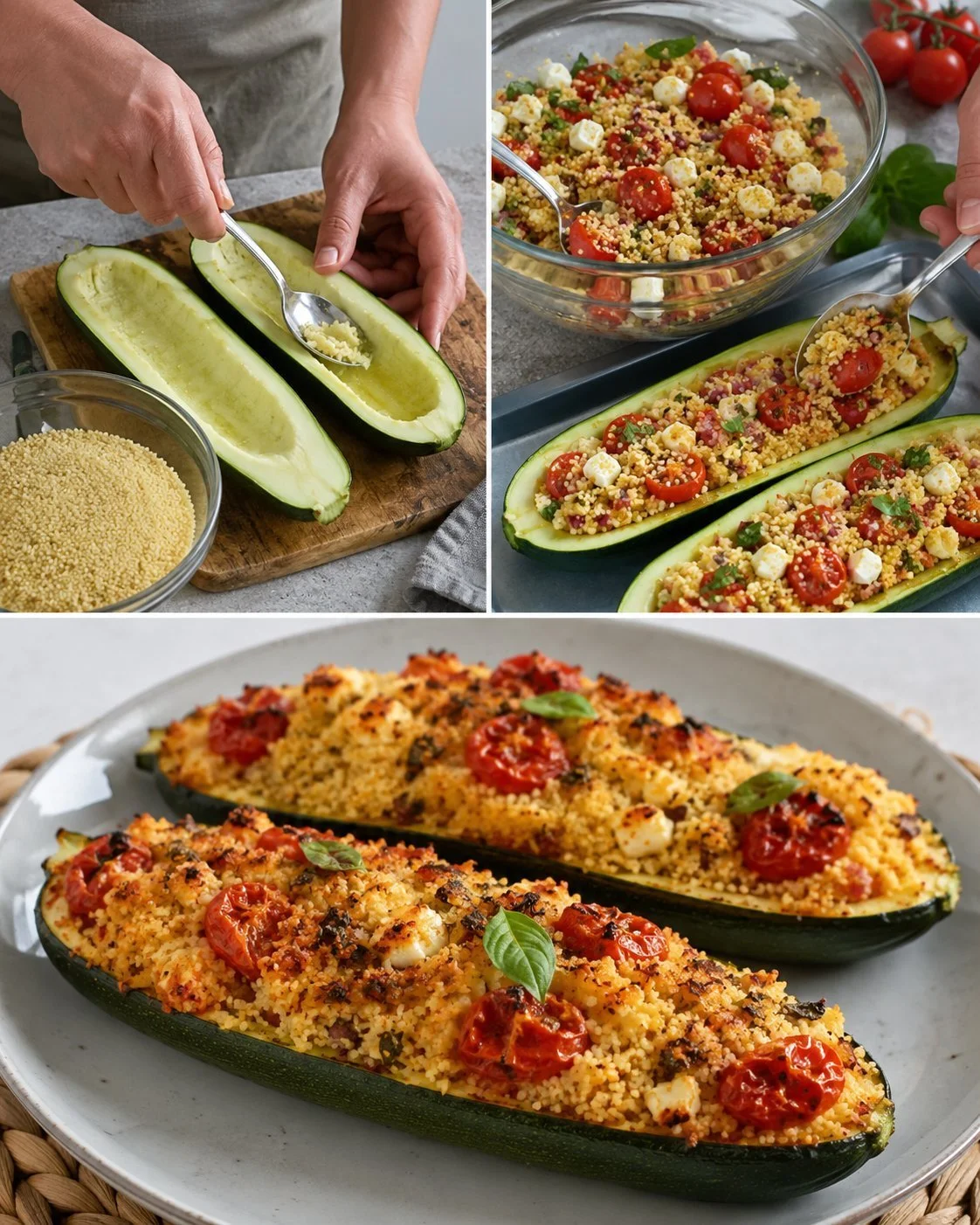 Zucchini stuffed with couscous and feta topped with herbs and spices