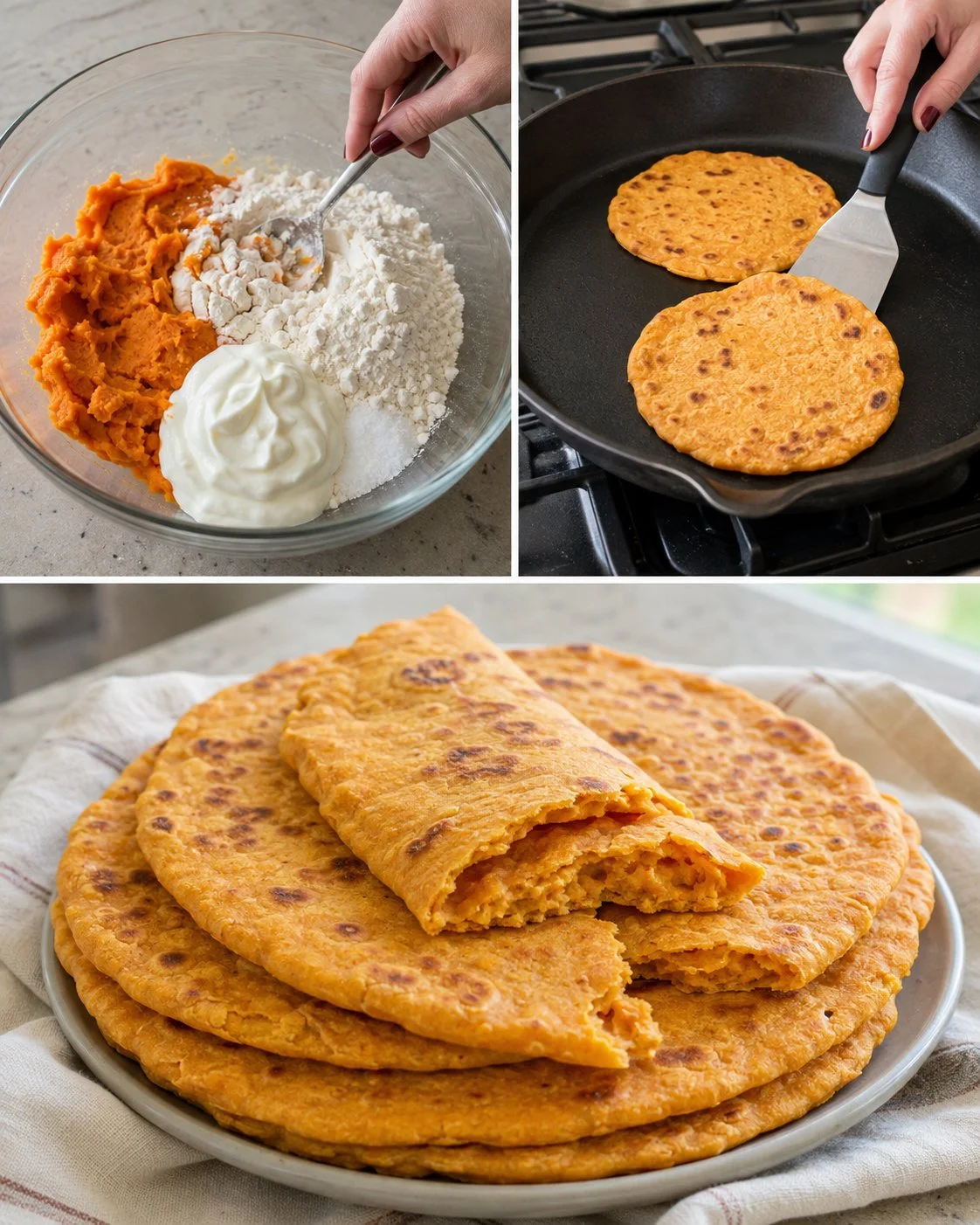 Homemade 4-ingredient sweet potato skillet flatbreads on a wooden surface.