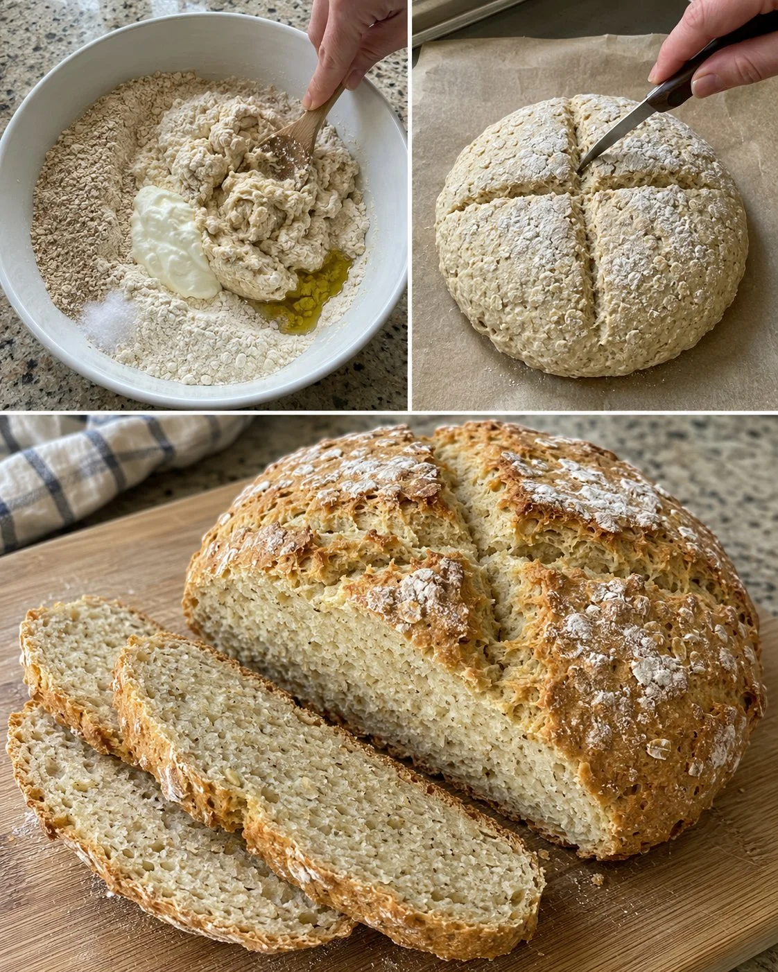 Freshly baked yogurt oat soda bread on a wooden cutting board