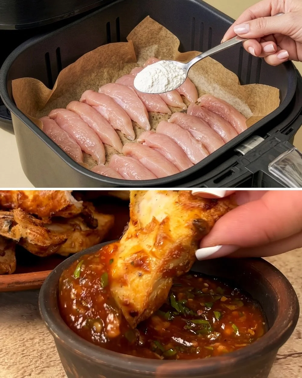 Air fryer chicken recipe with honey-chili sauce on a plate