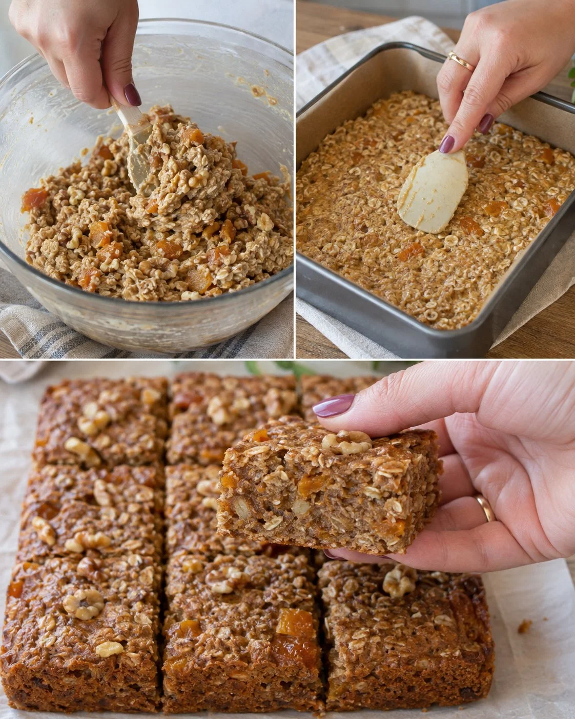 Homemade apricot walnut breakfast bars on a wooden table