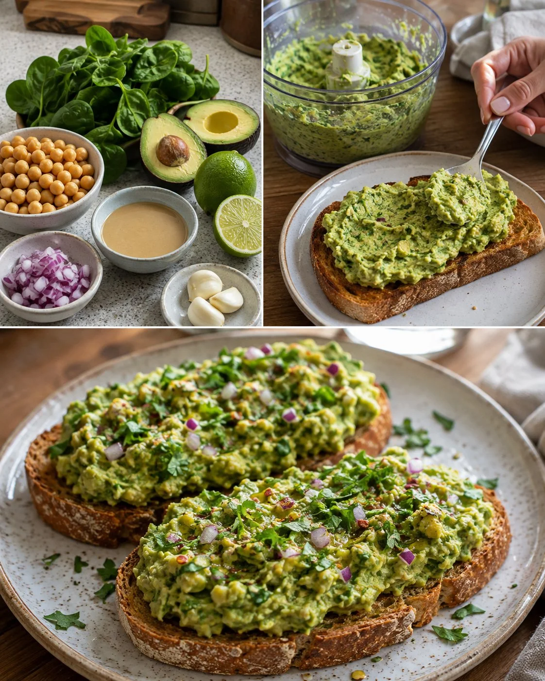 Avocado Chickpea Breakfast Spread served on toast with garnishes