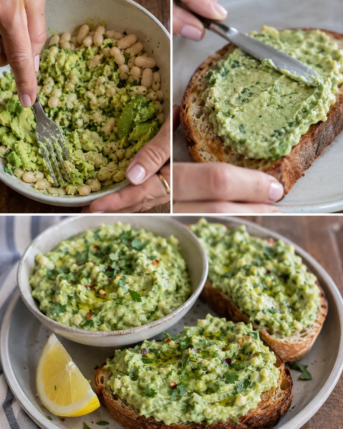 Avocado white bean herb mash served in a bowl with fresh herbs.