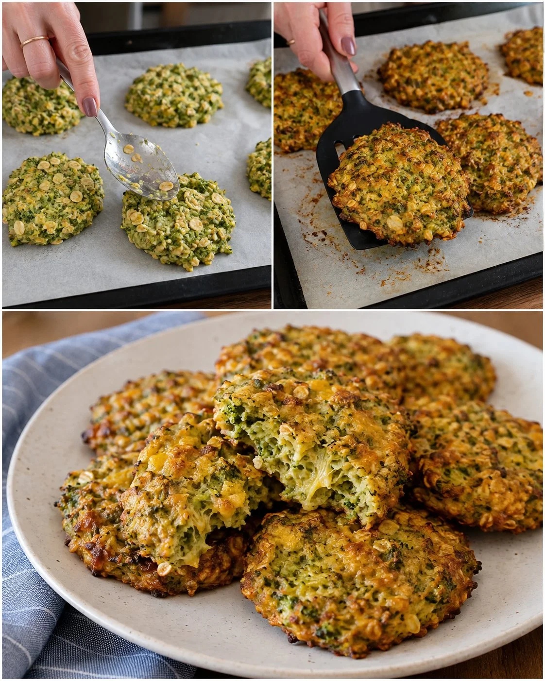 Baked broccoli cheese oat fritters on a plate garnished with herbs
