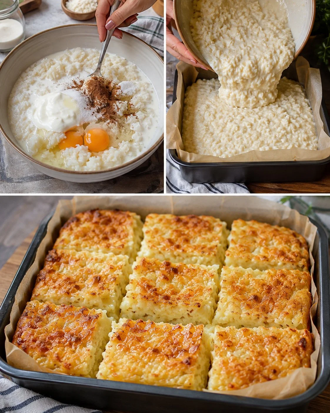 Baked rice pudding breakfast squares topped with cinnamon and served on a plate.