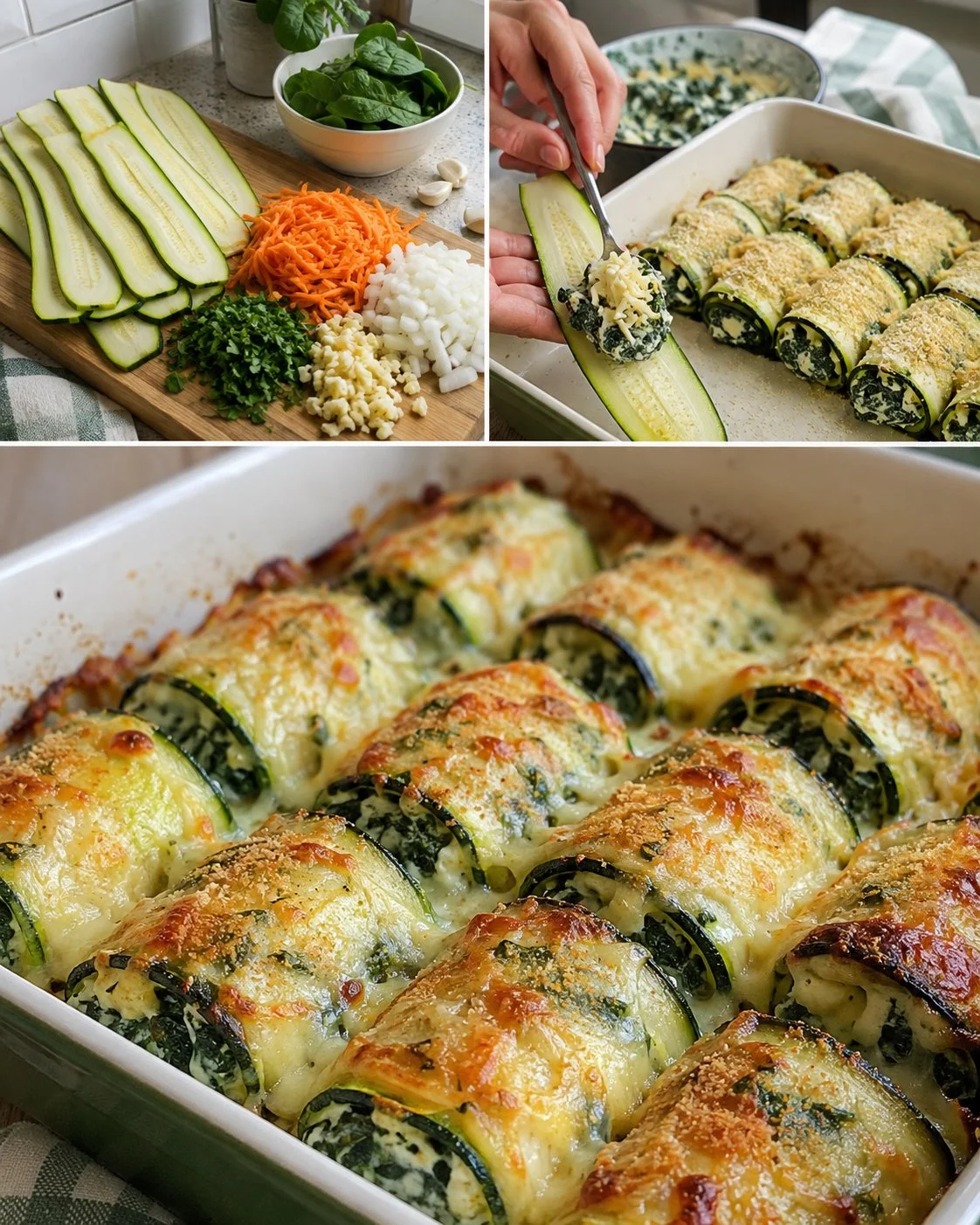 Baked zucchini rolls filled with spinach and cheese on a serving plate.