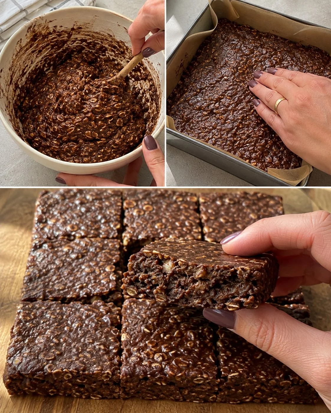 Banana Oat Cocoa Snack Bars stacked on a table, showcasing a delicious healthy snack.