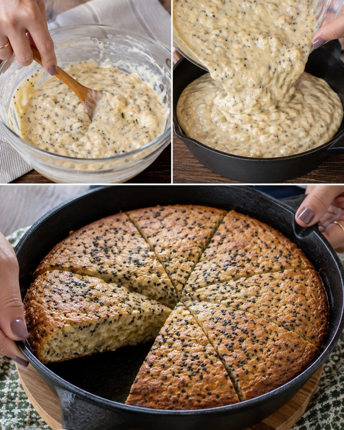 Delicious banana sesame skillet breakfast cake topped with sesame seeds.