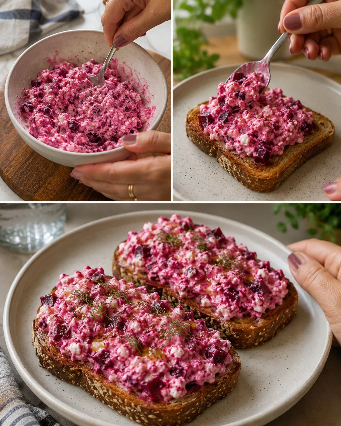 Beet cottage cheese toast topped with fresh herbs and seeds