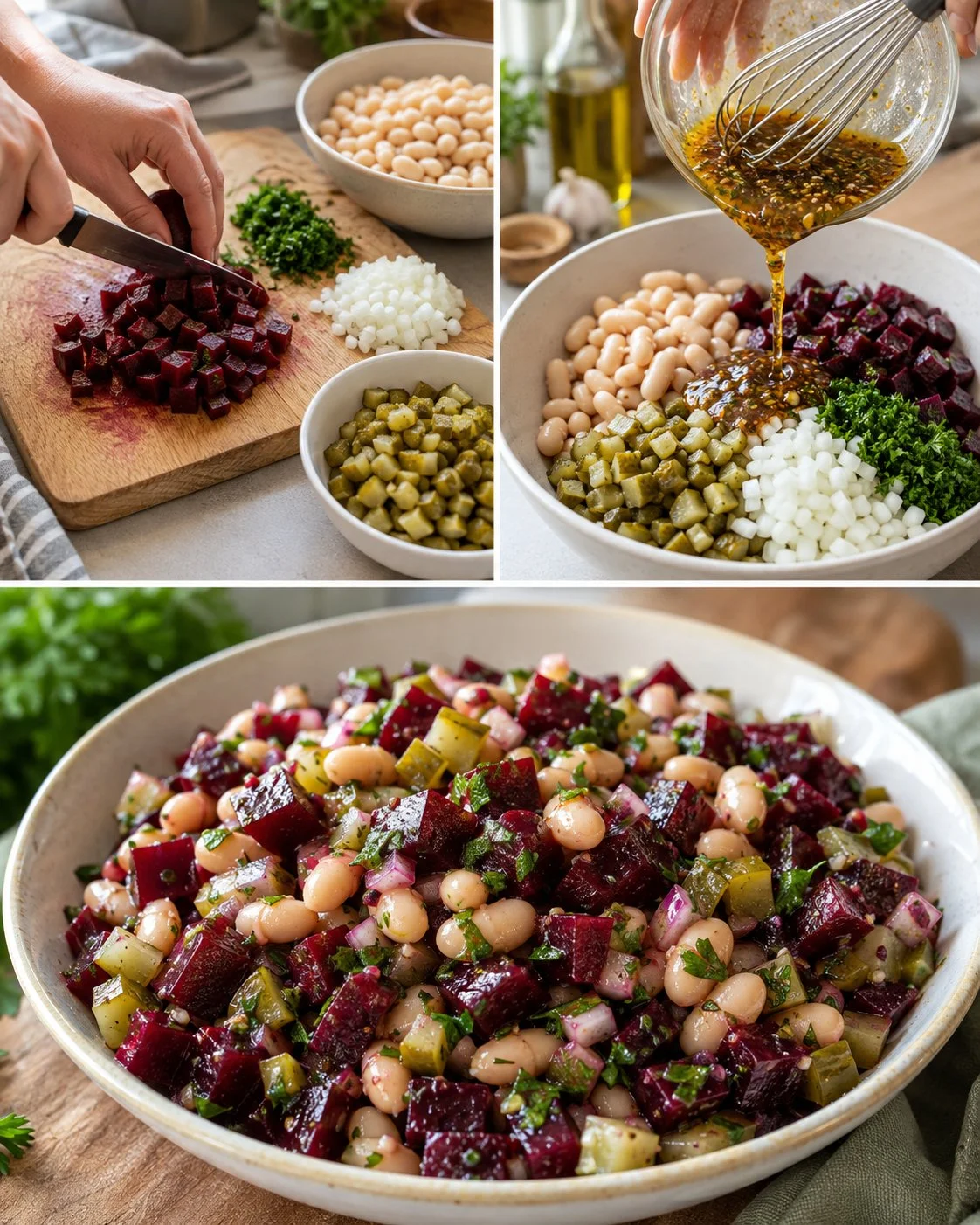 Colorful Beet White Bean and Pickle Salad in a bowl, showcasing vibrant ingredients.