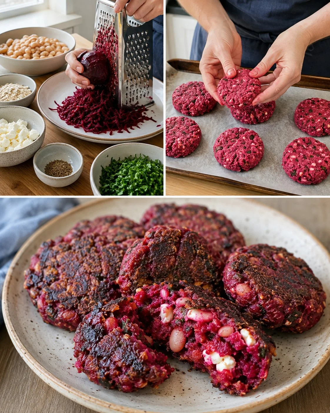 Beetroot, white bean, and feta oven cakes served on a plate
