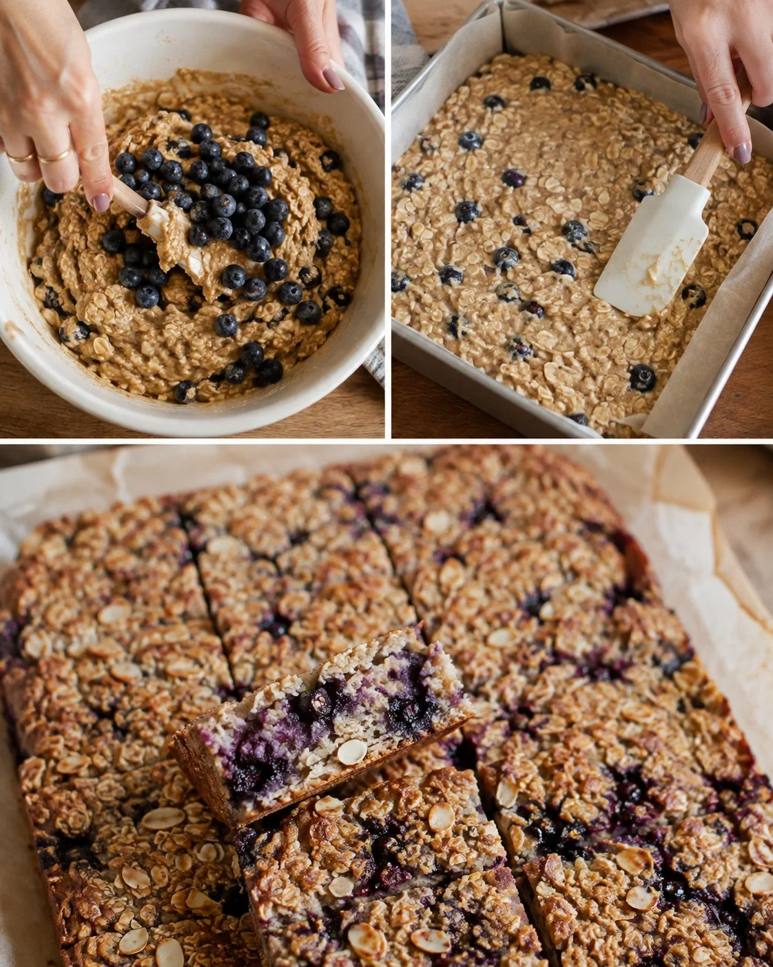 Blueberry Almond Oat Slice served on a rustic wooden table