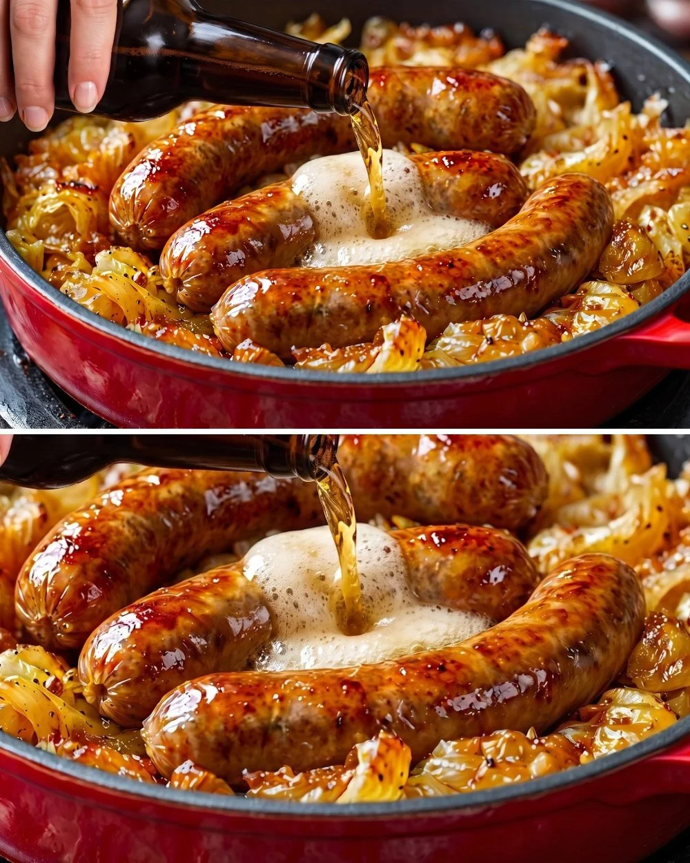 Delicious bratwurst paired with sautéed cabbage for a hearty dinner.