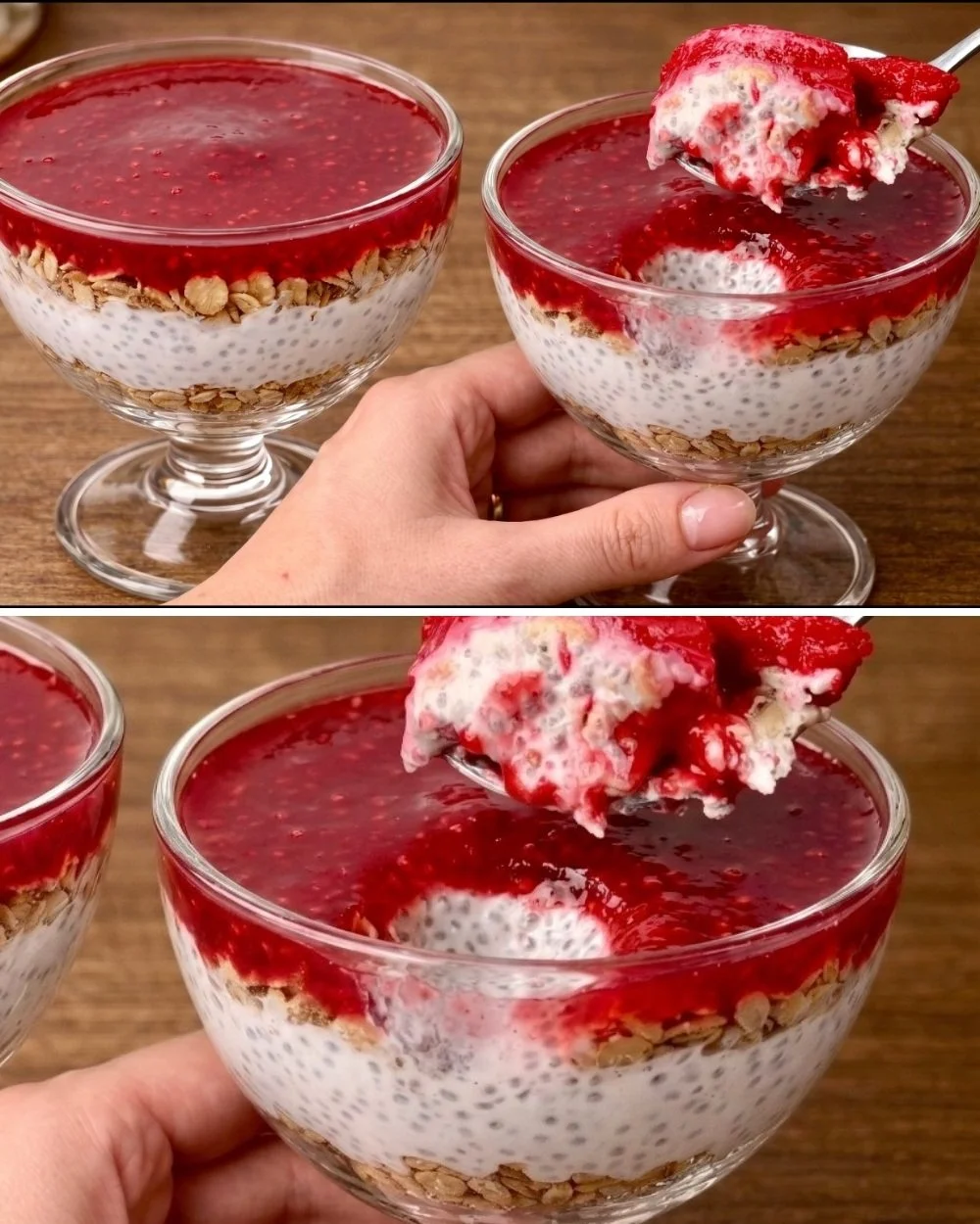 Delicious breakfast parfait with yogurt, fresh fruit, and granola in a glass.