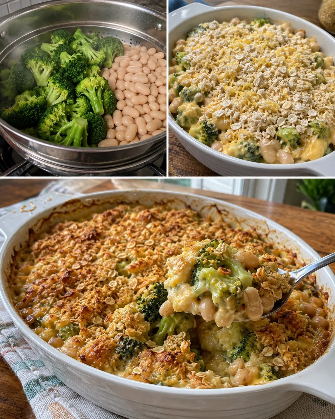 Broccoli Cannellini Bean Gratin topped with lemon oat crumbs in a baking dish