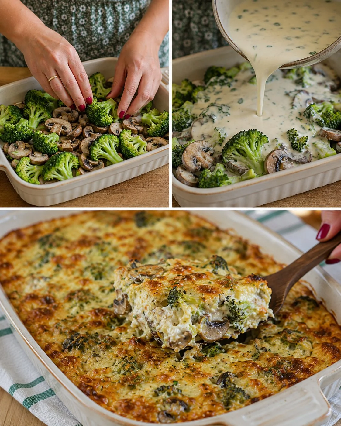 Delicious broccoli mushroom casserole topped with yogurt and herbs.
