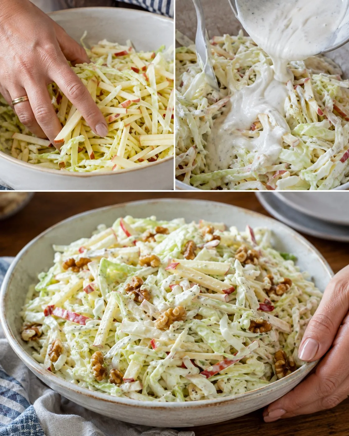 Cabbage Apple Walnut Slaw with creamy yogurt dressing served in a bowl
