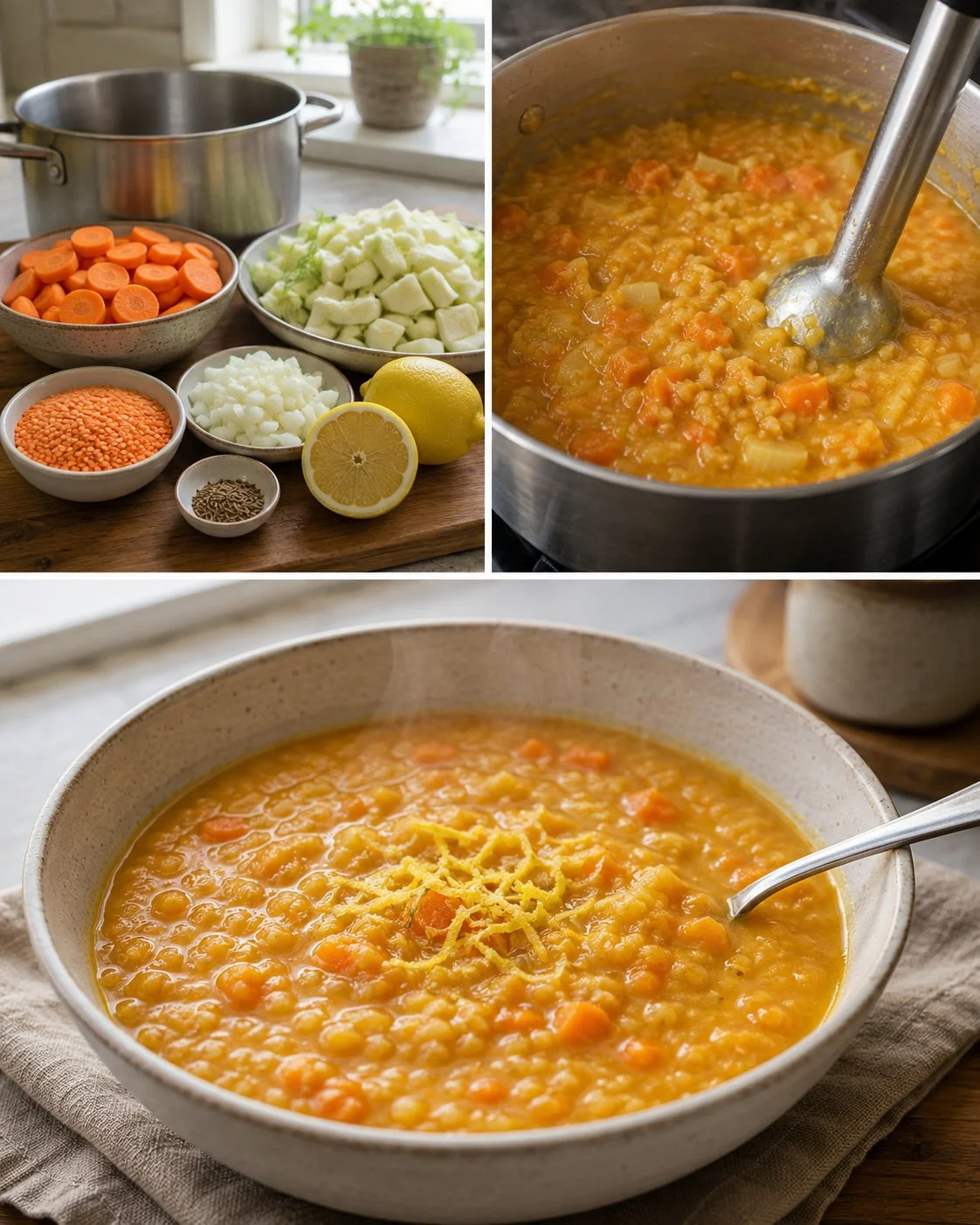 Bowl of carrot, fennel, and red lentil soup with lemon garnish