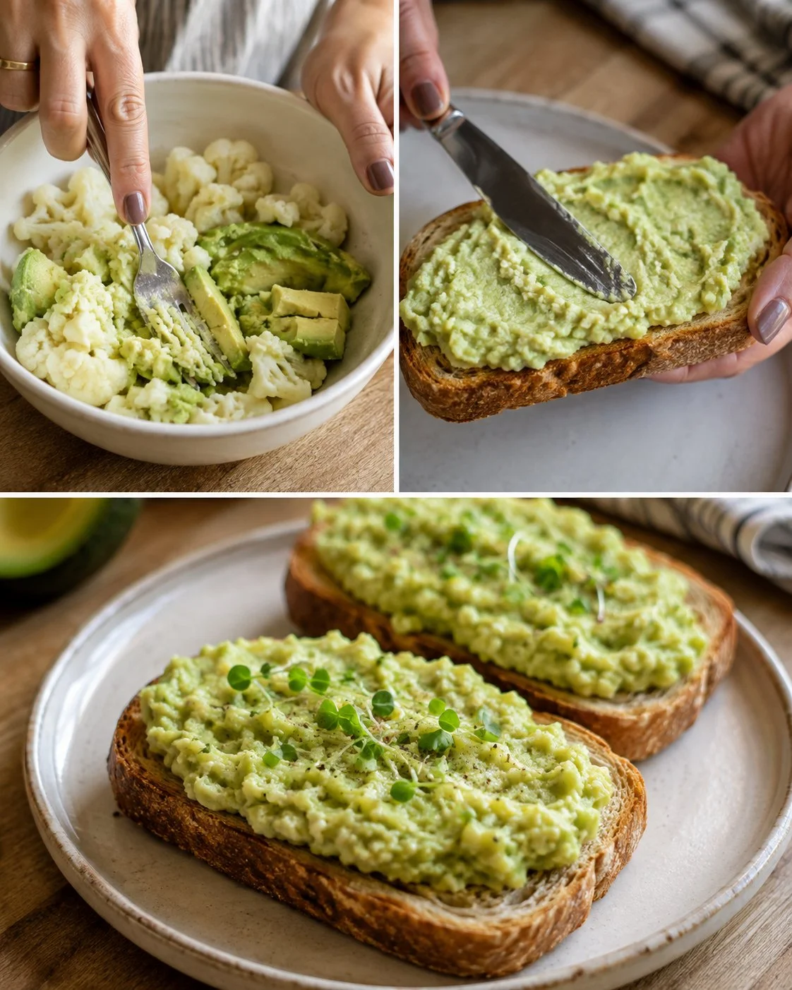 Delicious cauliflower avocado mash served on toast, a healthy snack option.