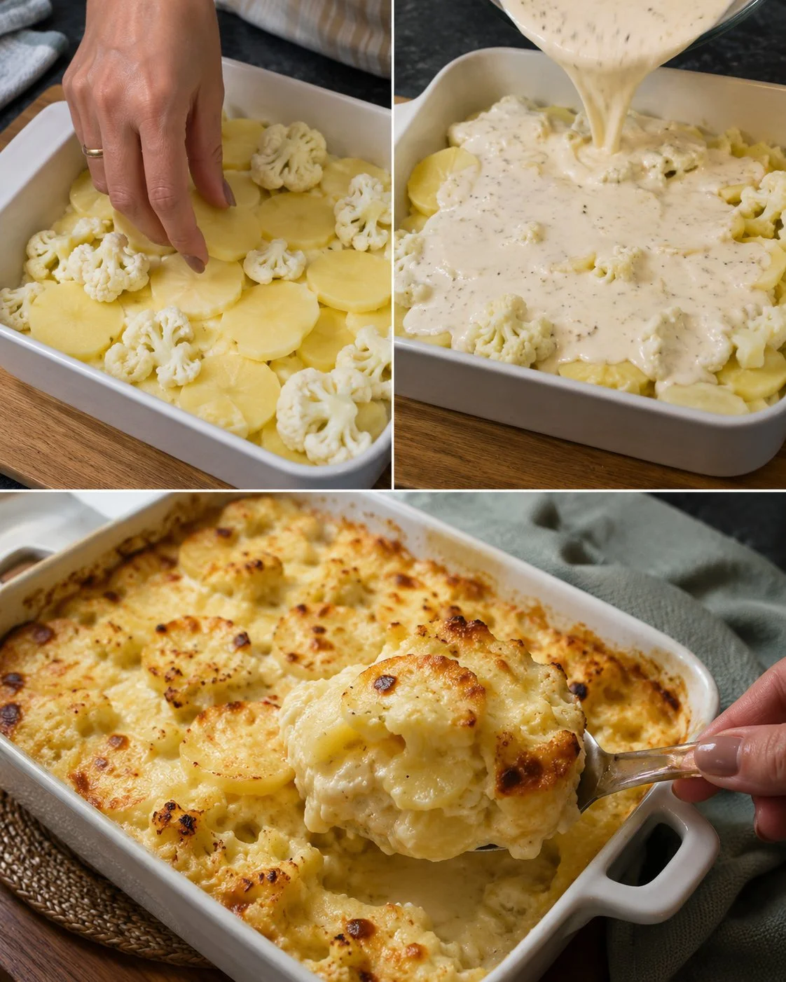 A delicious serving of Cauliflower Potato Bake topped with yogurt and herbs