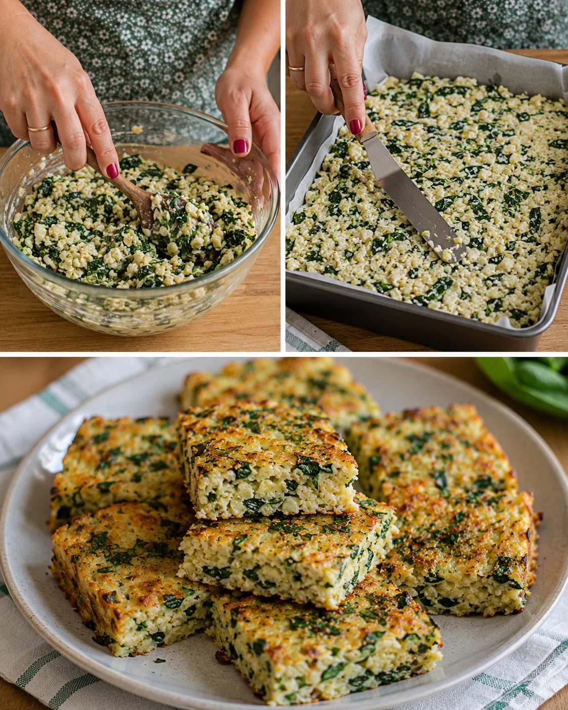 Delicious Cauliflower Spinach Dinner Squares served on a plate
