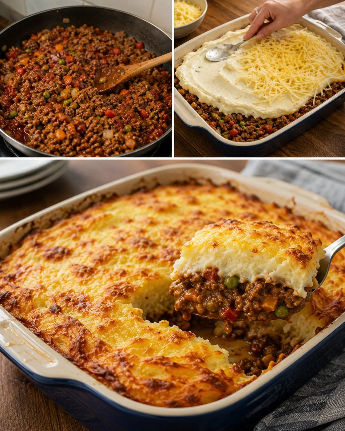 Cheesy Beef and Potato Cottage Pie topped with creamy mashed potatoes
