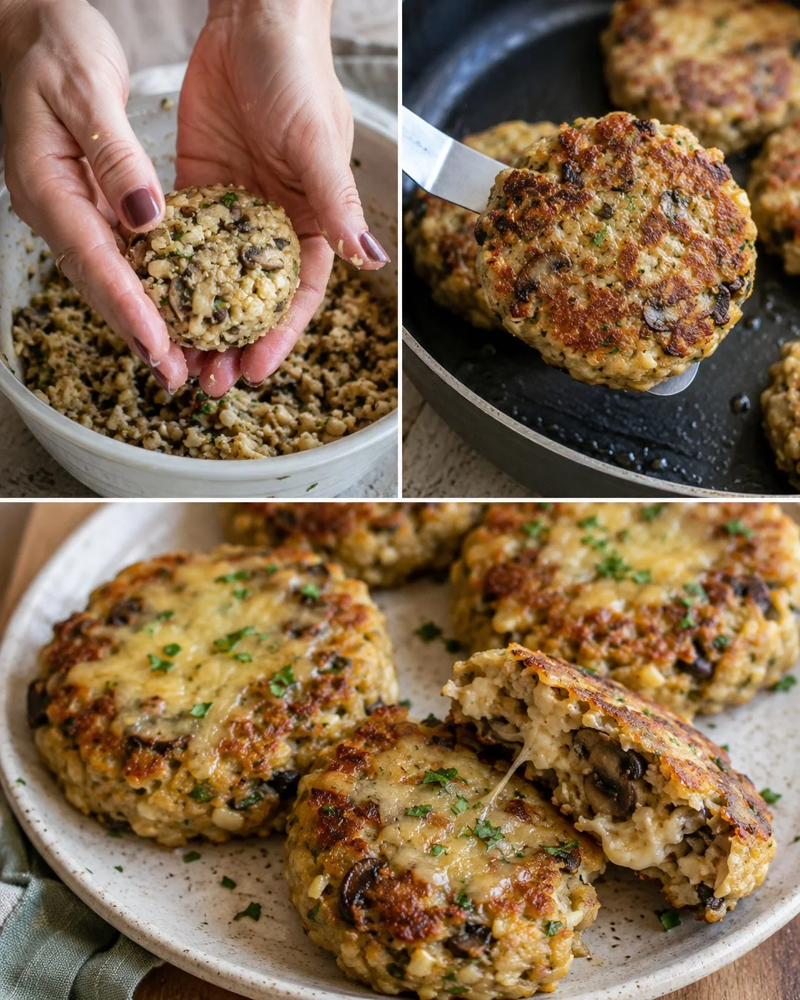 Plate of cheesy mushroom cauliflower patties ready to serve