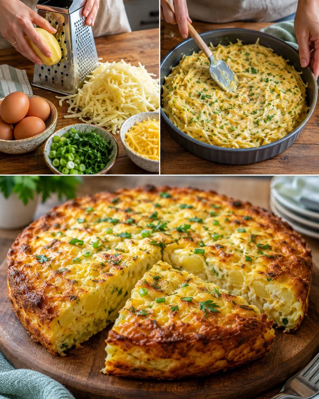 Cheesy Potato Egg Bake topped with melted cheese and herbs