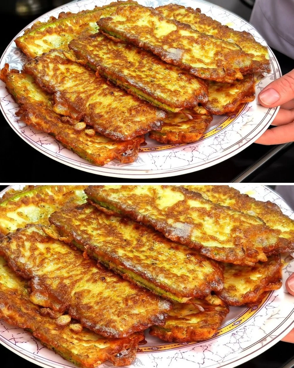 Cheesy zucchini dish served on a plate with melting cheese and herbs.
