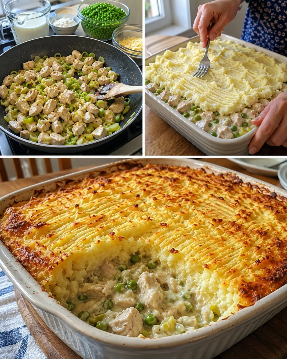 Chicken, leek, and pea potato-topped bake ready to serve