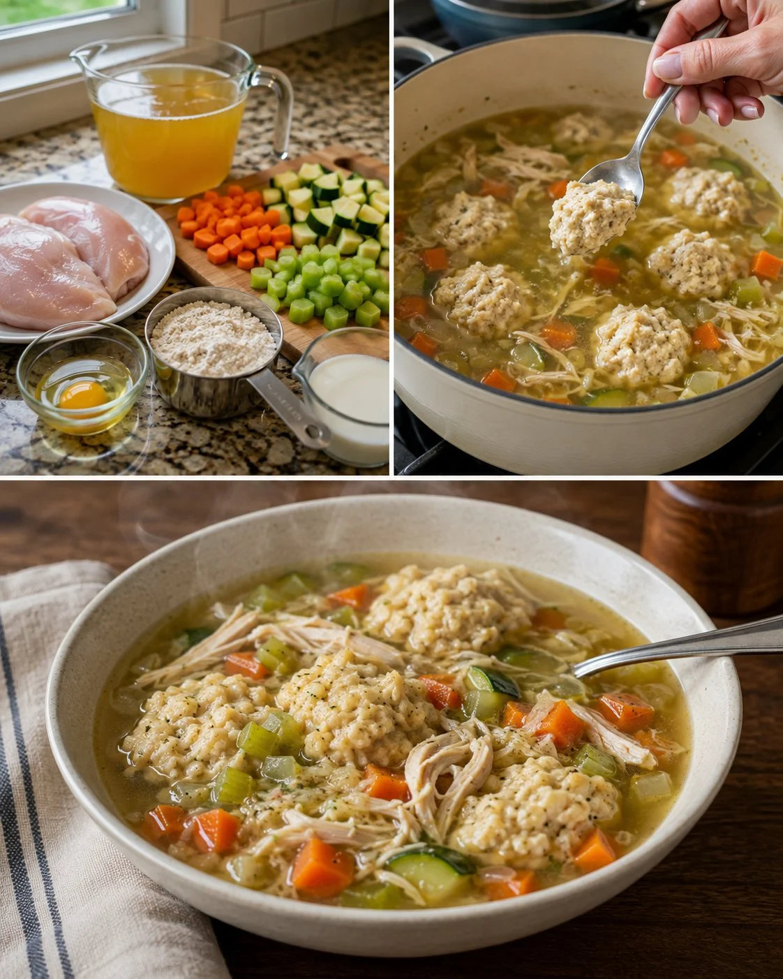 Bowl of Chicken Vegetable Soup with Soft Oat Dumplings ready to be served