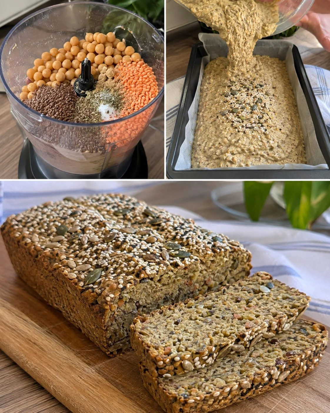 Loaf of Chickpea Lentil Seed Bread fresh out of the oven
