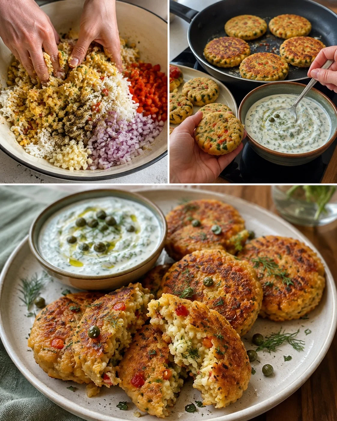 Chickpea rice patties topped with yogurt caper sauce on a plate