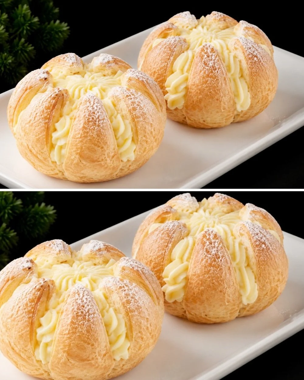 Classic choux pastry cream filled desserts on a decorative plate